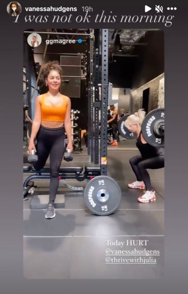 vanessa hudgens and a friend doing weight based workouts in a gym