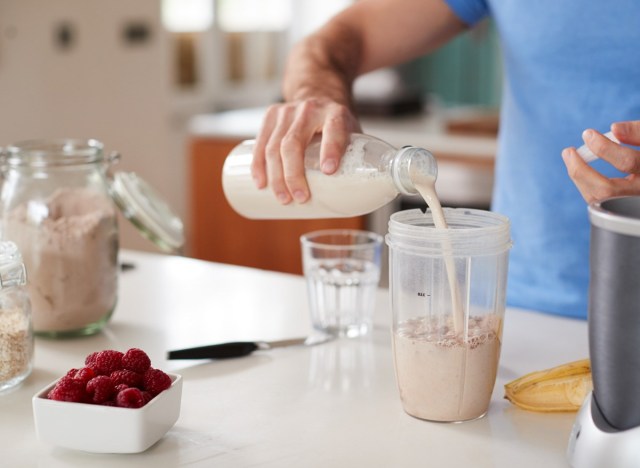 Make a protein shake smoothie with hand held blender