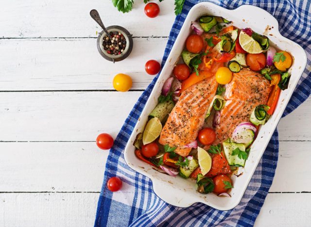 baked fish with veggies, concept of the Atlantic Diet for weight loss