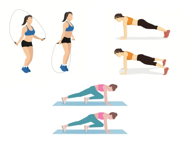 jump rope workout concept with illustration of woman jumping rope, doing plank jacks, and mountain climbers
