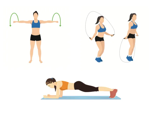 jump rope workout, concept of arm circles, jumping rope, and planks