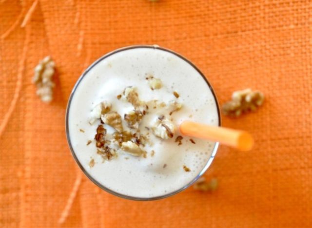 protein shake on an orange table cloth