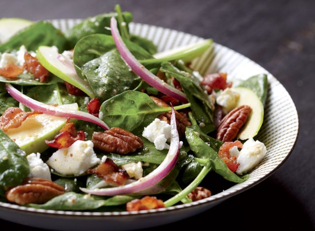 Healthy spinach ￼& goat cheese ￼￼￼salad with apples & warm bacon dressing