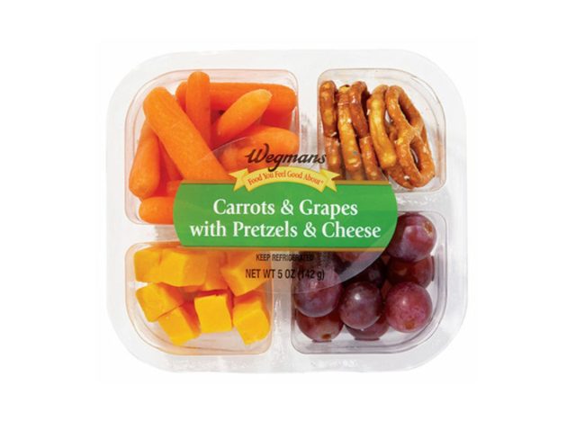 Wegmans snack box with carrots, cheese, grapes, and pretzels