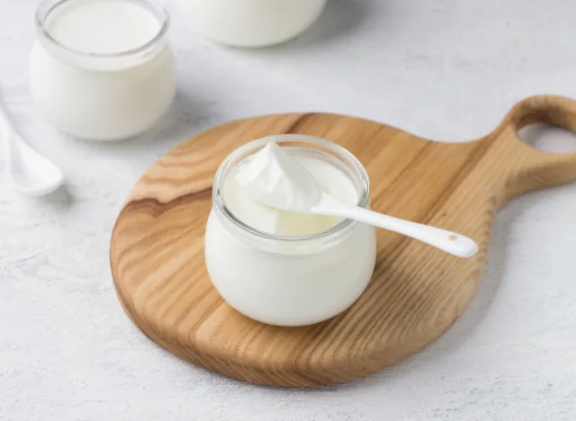 Greek yogurt, concept of snacks for weight loss and muscle gain