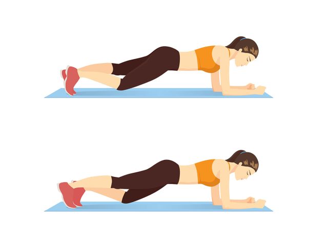 Woman doing Abdominal exercise position introduction with Forearm Plank with Knee drop in 2 step for guide. Illustration about workout.