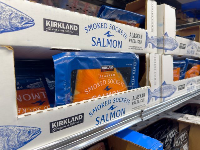 Los Angeles, California, United States - 05-05-2023: A view of several packages of Kirkland Signature smoked sockeye salmon, on display at a local Costco.